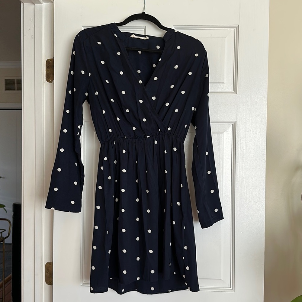 Navy blue dress with white polka dots